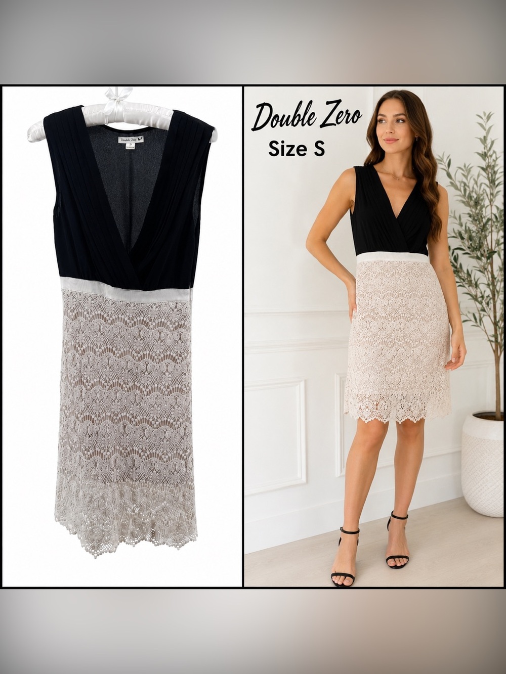 Double Zero Size S Black Ivory Lace Sleeveless V Neck Sheath Cocktail Dress